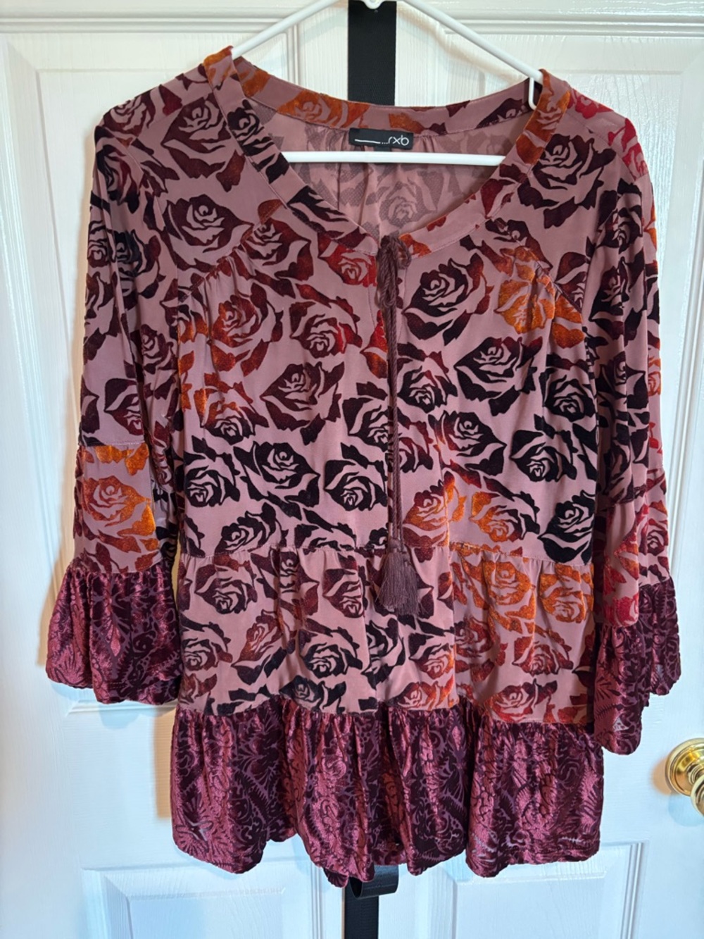 RXB Pink and Burgundy Floral Velvet Burnout Peasant Blouse